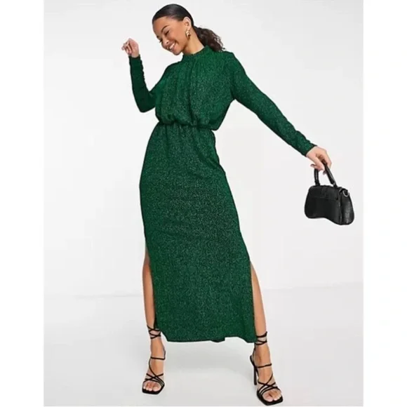 Y.A.S. NWT Green Glitter Long Sleeve Ruched Front Midi Dress XXL - Picture 16 of 16
